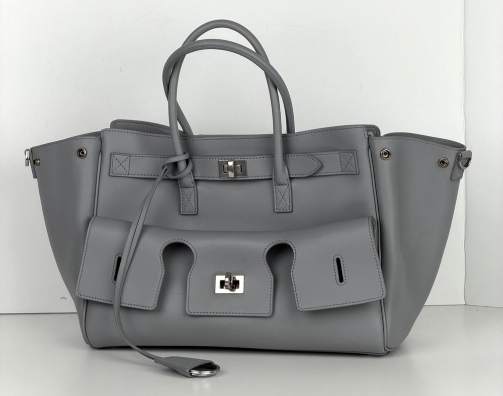 Balenciaga Smooth Calfskin Small Bel Air Carry All Bag in Cloud Grey Leather E7
